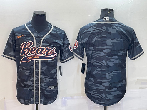 Men's Chicago Bears Blank Gray Camo With Patch Cool Base Stitched Baseball Jersey - Click Image to Close